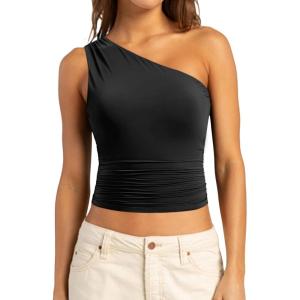 imageSUUKSESS Women Double Lined Going Out Trendy Crop Tops Ruched Sleeveless ShirtsBlack