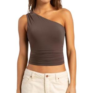imageSUUKSESS Women Double Lined Going Out Trendy Crop Tops Ruched Sleeveless ShirtsBrown