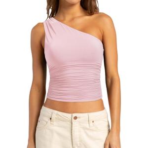 imageSUUKSESS Women Double Lined Going Out Trendy Crop Tops Ruched Sleeveless ShirtsLight Pink