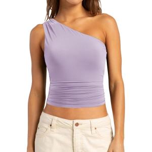 imageSUUKSESS Women Double Lined Going Out Trendy Crop Tops Ruched Sleeveless ShirtsLight Purple