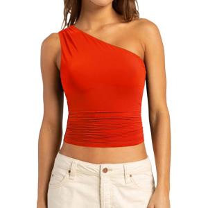 imageSUUKSESS Women Double Lined Going Out Trendy Crop Tops Ruched Sleeveless ShirtsRed