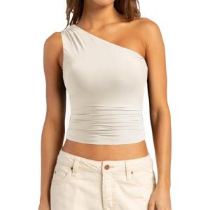 imageSUUKSESS Women Double Lined Going Out Trendy Crop Tops Ruched Sleeveless ShirtsWhite
