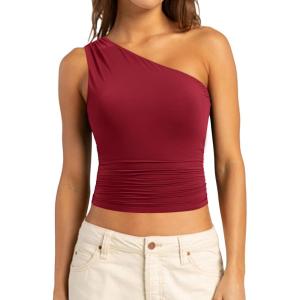 imageSUUKSESS Women Double Lined Going Out Trendy Crop Tops Ruched Sleeveless ShirtsWine