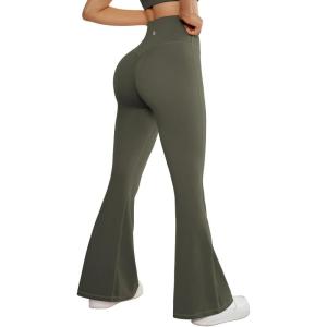 imageSUUKSESS Women Flare Leggings Scrunch Butt Lifting Bootcut High Waist Yoga Pants14 Army Green