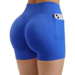 imageSUUKSESS Women Hidden Scrunch Butt Lifting Workout Biker Shorts with Pockets 4quot Seamless High Waisted Gym ShortsBlue