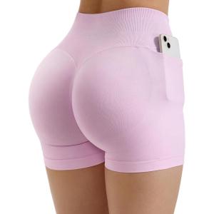 imageSUUKSESS Women Hidden Scrunch Butt Lifting Workout Biker Shorts with Pockets 4quot Seamless High Waisted Gym ShortsPink