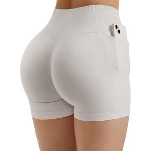 imageSUUKSESS Women Hidden Scrunch Butt Lifting Workout Biker Shorts with Pockets 4quot Seamless High Waisted Gym ShortsRuby