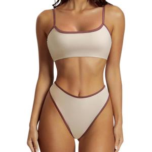 imageSUUKSESS Women High Waisted 2 Piece Bikini Set Cheeky High Cut Bandeau Swimsuit61 Beige Brown