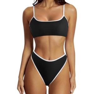 imageSUUKSESS Women High Waisted 2 Piece Bikini Set Cheeky High Cut Bandeau Swimsuit61 Black White