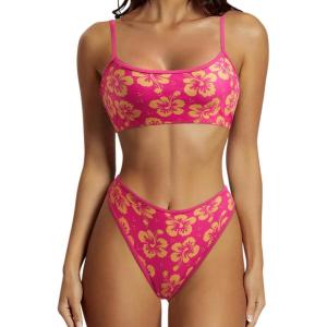 imageSUUKSESS Women High Waisted 2 Piece Bikini Set Cheeky High Cut Bandeau Swimsuit61 Pink Yellow Floral