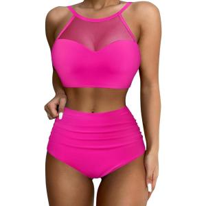imageSUUKSESS Women High Waisted Bikini Sets Sexy Mesh High Neck Swimsuit 2 Piece73 Hot Pink