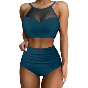 imageSUUKSESS Women High Waisted Bikini Sets Sexy Mesh High Neck Swimsuit 2 Piece73 Peacock Blue