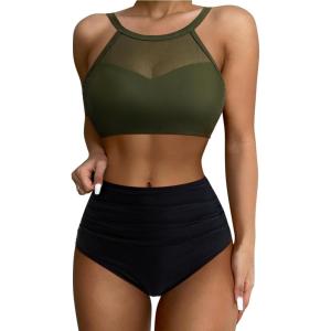 imageSUUKSESS Women High Waisted Bikini Sets Sexy Mesh High Neck Swimsuit 2 PieceBlack Green