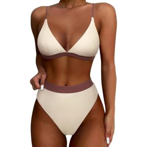 imageSUUKSESS Women High Waisted High Cut Bikini Set Sexy Triangle Two Piece Swimsuits1 Beige Brown