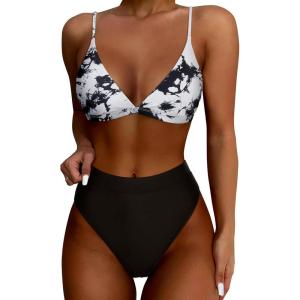 imageSUUKSESS Women High Waisted High Cut Bikini Set Sexy Triangle Two Piece Swimsuits1 Black White Tie Dye