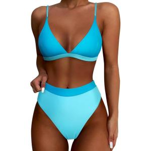imageSUUKSESS Women High Waisted High Cut Bikini Set Sexy Triangle Two Piece Swimsuits1 Blue Color Block