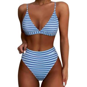 imageSUUKSESS Women High Waisted High Cut Bikini Set Sexy Triangle Two Piece Swimsuits1 Blue White Stripe