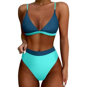 imageSUUKSESS Women High Waisted High Cut Bikini Set Sexy Triangle Two Piece Swimsuits1 Green Blue