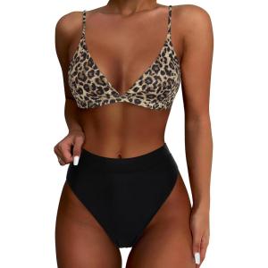 imageSUUKSESS Women High Waisted High Cut Bikini Set Sexy Triangle Two Piece Swimsuits1 Leopard Black