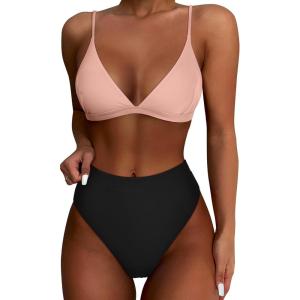 imageSUUKSESS Women High Waisted High Cut Bikini Set Sexy Triangle Two Piece Swimsuits1 Pink Black