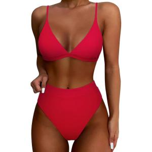 imageSUUKSESS Women High Waisted High Cut Bikini Set Sexy Triangle Two Piece Swimsuits1 Red