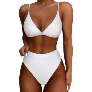 imageSUUKSESS Women High Waisted High Cut Bikini Set Sexy Triangle Two Piece Swimsuits1 White