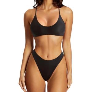 imageSUUKSESS Women High Waisted Thong Bikini Set Reversible String 2 Piece Swimsuit56 Black White