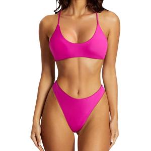 imageSUUKSESS Women High Waisted Thong Bikini Set Reversible String 2 Piece Swimsuit56 Pink Color Block