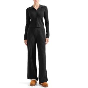 imageSUUKSESS Women Knit Long Sleeve Lounge Sets Ribbed Matching Comfy Two Piece SetsBlack