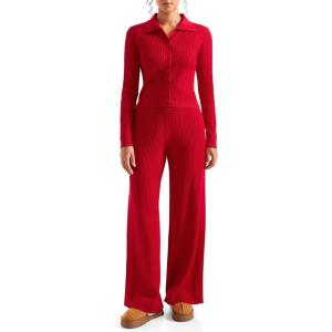 imageSUUKSESS Women Knit Long Sleeve Lounge Sets Ribbed Matching Comfy Two Piece SetsRed
