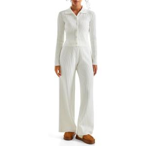 imageSUUKSESS Women Knit Long Sleeve Lounge Sets Ribbed Matching Comfy Two Piece SetsWhite