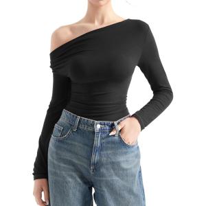 imageSUUKSESS Women Long Sleeve Off Shoulder Tops Trendy Cowl Neck Going Out Shirt for FallBlack