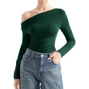 imageSUUKSESS Women Long Sleeve Off Shoulder Tops Trendy Cowl Neck Going Out Shirt for FallDark Green