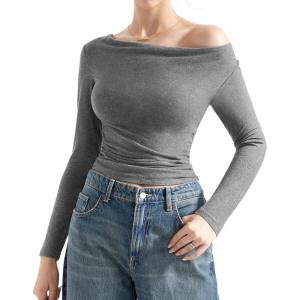 imageSUUKSESS Women Long Sleeve Off Shoulder Tops Trendy Cowl Neck Going Out Shirt for FallGrey
