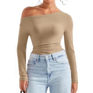 imageSUUKSESS Women Long Sleeve Off Shoulder Tops Trendy Cowl Neck Going Out Shirt for FallKhaki