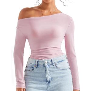 imageSUUKSESS Women Long Sleeve Off Shoulder Tops Trendy Cowl Neck Going Out Shirt for FallPink