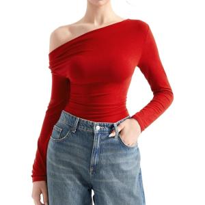 imageSUUKSESS Women Long Sleeve Off Shoulder Tops Trendy Cowl Neck Going Out Shirt for FallRed
