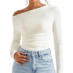 imageSUUKSESS Women Long Sleeve Off Shoulder Tops Trendy Cowl Neck Going Out Shirt for FallWhite
