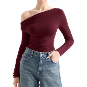 imageSUUKSESS Women Long Sleeve Off Shoulder Tops Trendy Cowl Neck Going Out Shirt for FallWine Red