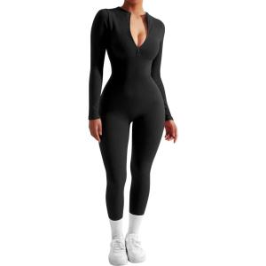 imageSUUKSESS Women Long Sleeve Ribbed Jumpsuit Zip up Front Workout Bodycon Romper01 Black