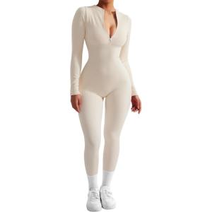 imageSUUKSESS Women Long Sleeve Ribbed Jumpsuit Zip up Front Workout Bodycon Romper02 Beige
