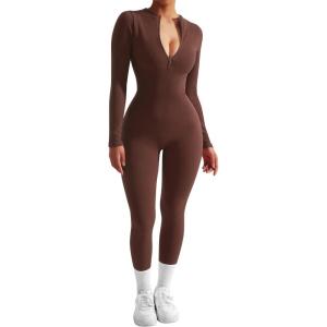 imageSUUKSESS Women Long Sleeve Ribbed Jumpsuit Zip up Front Workout Bodycon RomperBrown