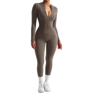 imageSUUKSESS Women Long Sleeve Ribbed Jumpsuit Zip up Front Workout Bodycon RomperCoffee