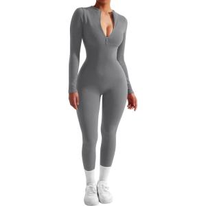 imageSUUKSESS Women Long Sleeve Ribbed Jumpsuit Zip up Front Workout Bodycon RomperGrey