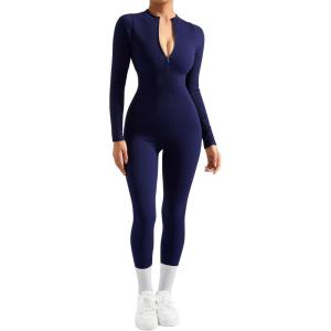 imageSUUKSESS Women Long Sleeve Ribbed Jumpsuit Zip up Front Workout Bodycon RomperNavy