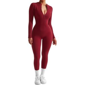 imageSUUKSESS Women Long Sleeve Ribbed Jumpsuit Zip up Front Workout Bodycon RomperWine Red