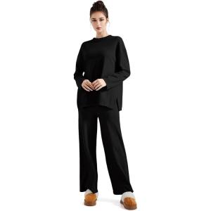 imageSUUKSESS Women Lounge Sets 2 Piece Pajamas Sets Long Sleeve Tops Wide Leg PantsBlack