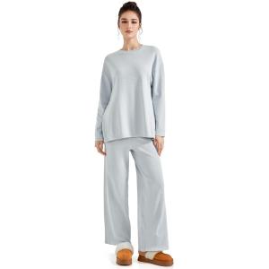 imageSUUKSESS Women Lounge Sets 2 Piece Pajamas Sets Long Sleeve Tops Wide Leg PantsLight Gray
