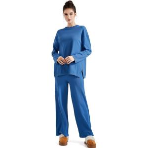 imageSUUKSESS Women Lounge Sets 2 Piece Pajamas Sets Long Sleeve Tops Wide Leg PantsNavy