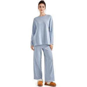 imageSUUKSESS Women Lounge Sets 2 Piece Pajamas Sets Long Sleeve Tops Wide Leg PantsSky Blue